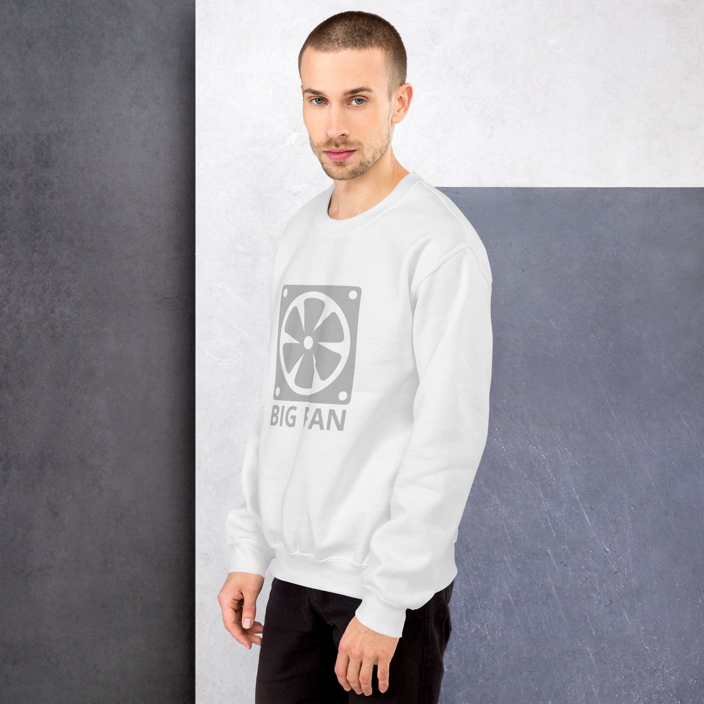 Men with white sweatshirt with image of a big computer fan and the text "BIG FAN"