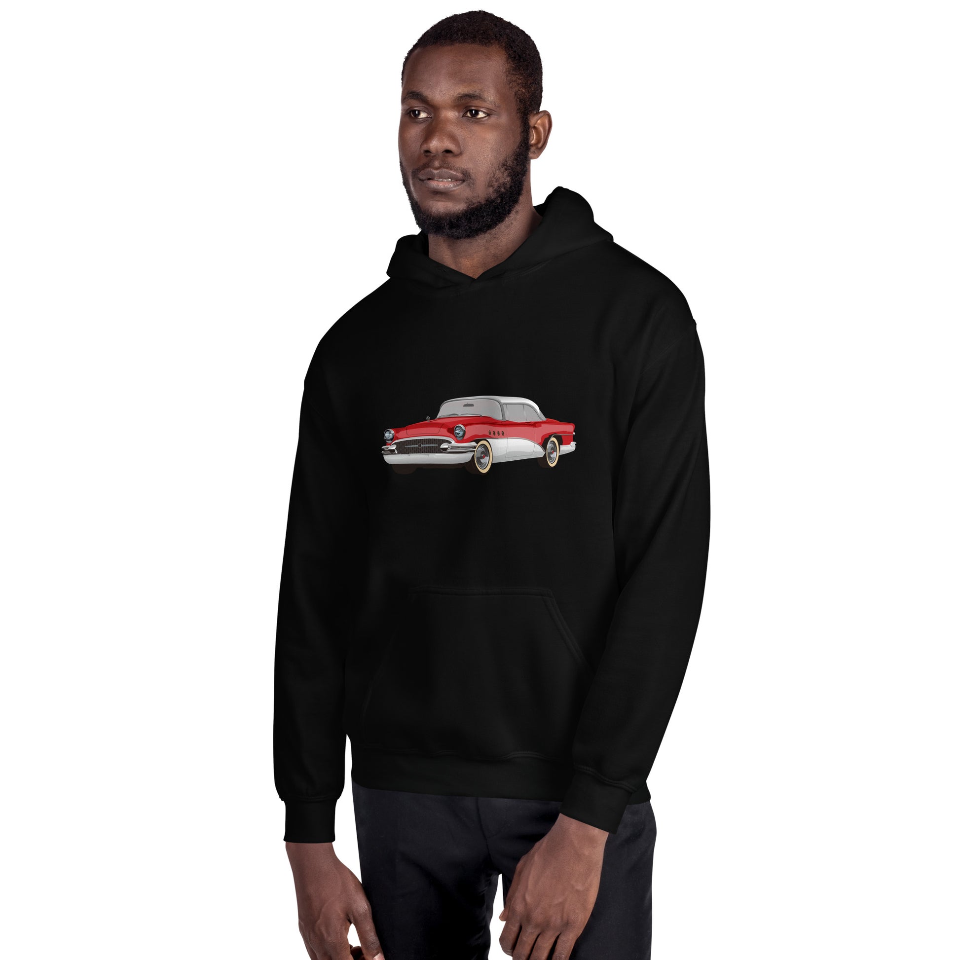 Man with black hoodie with red chevrolet