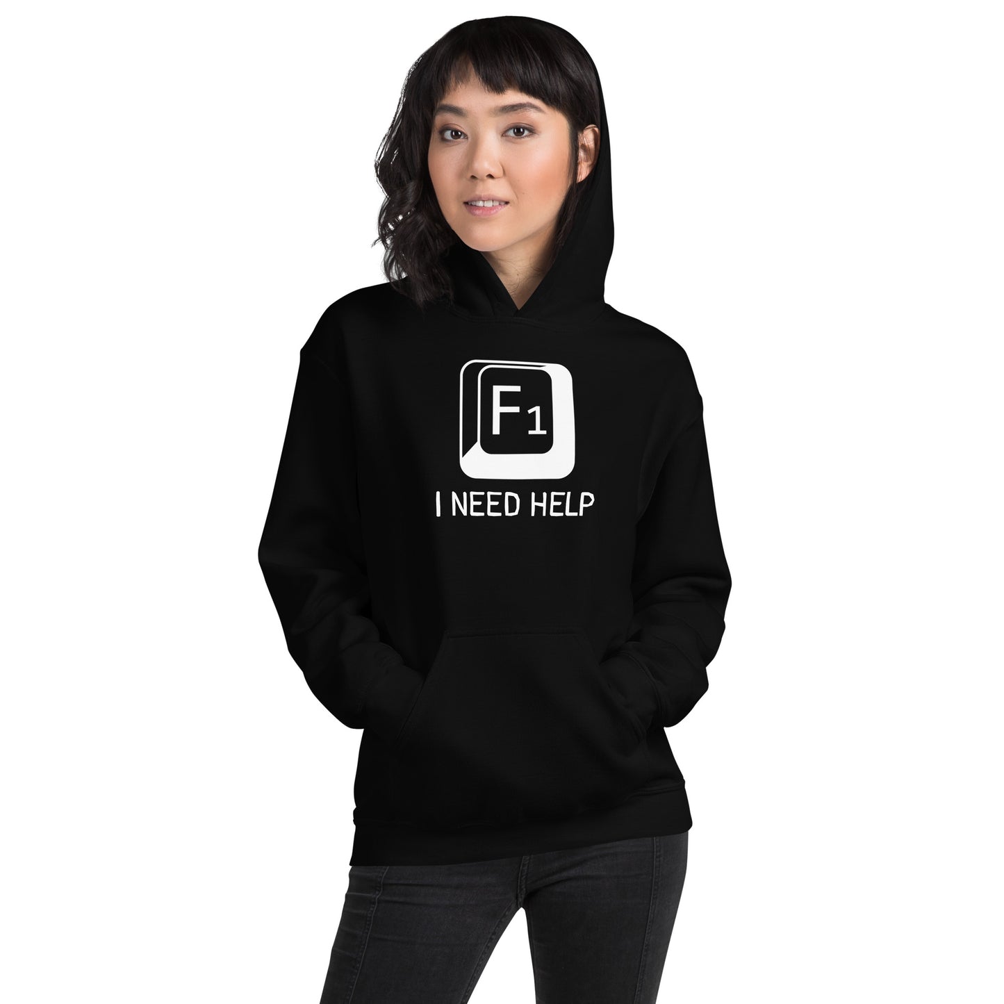 Women with black hoodie and a picture of F1 key with text "I need help"