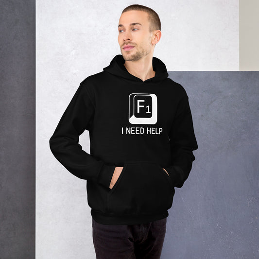 Men with black hoodie and a picture of F1 key with text "I need help"
