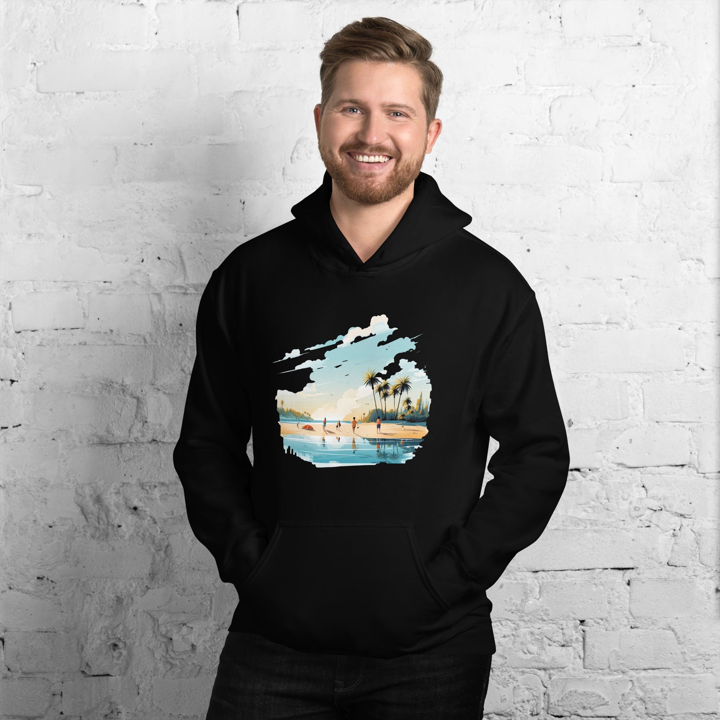 Men with black hoodie and a picture of a island with sea and sand