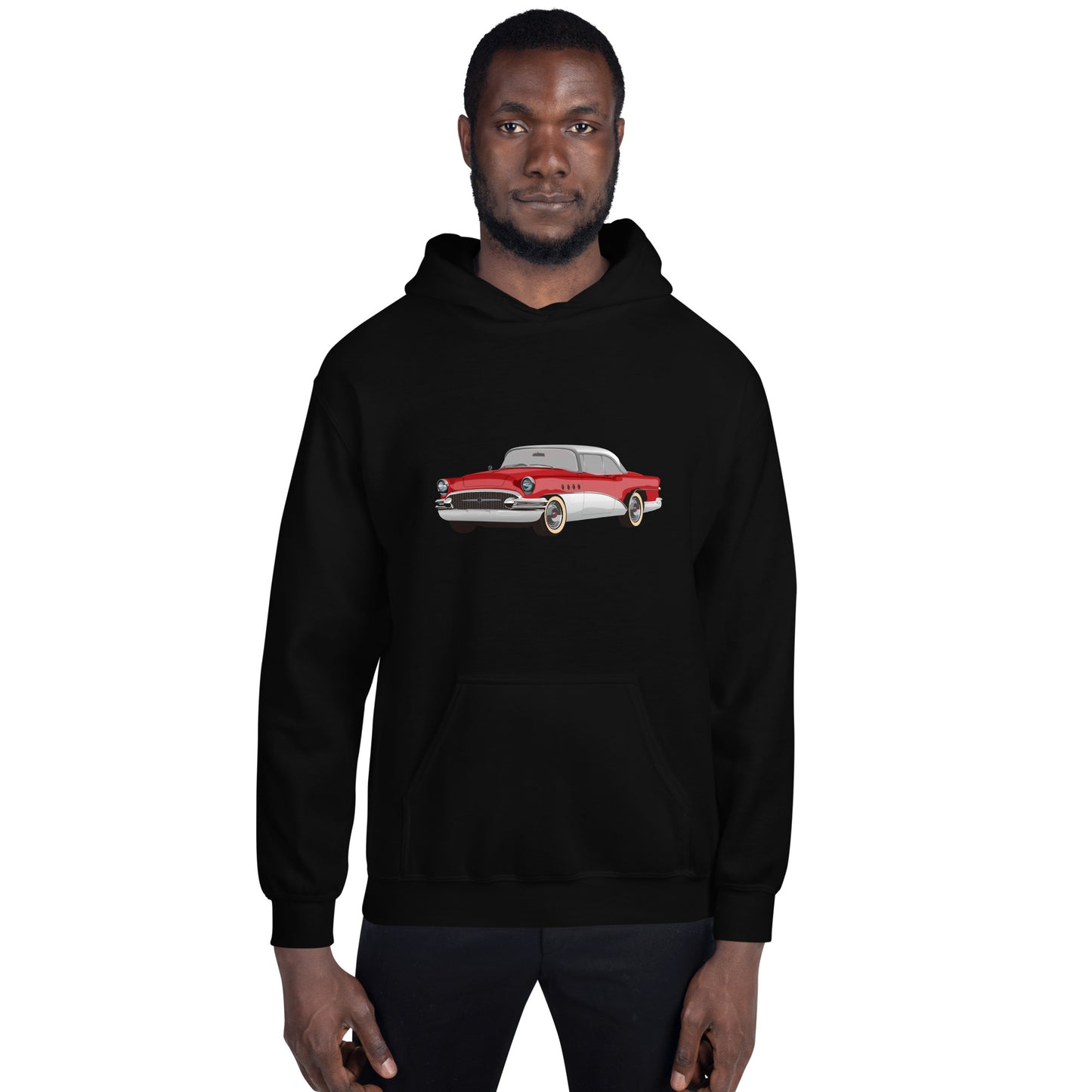 Man with black hoodie with red chevrolet