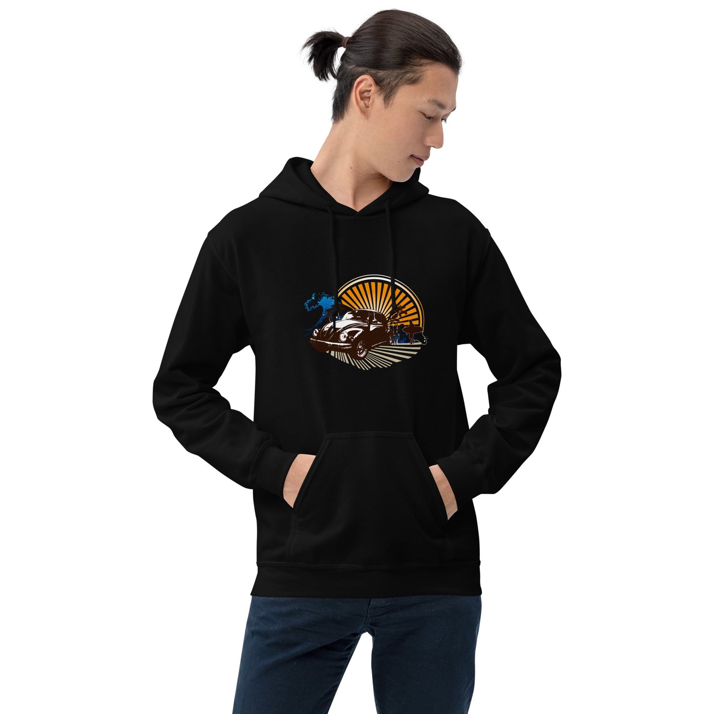 Men with black hoodie with sunset and beetle car