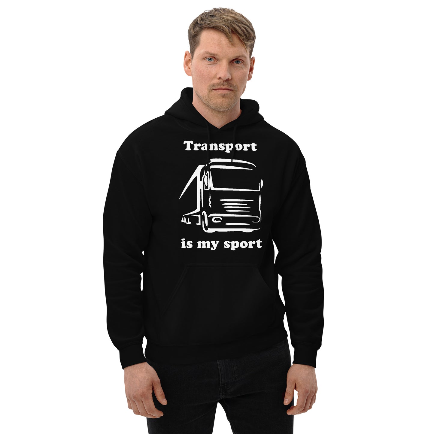 Man with black hoodie with picture of truck and text "Transport is my sport"