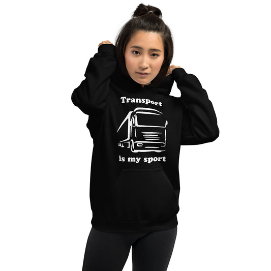 Woman with black hoodie with picture of truck and text "Transport is my sport"