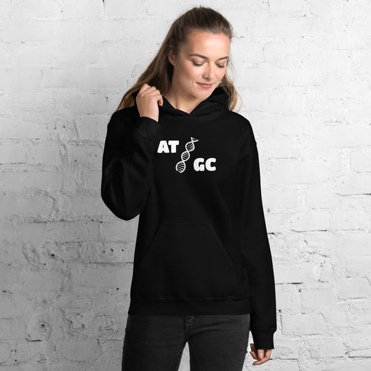 Women with black hoodie with image of a DNA string and the text "ATGC"
