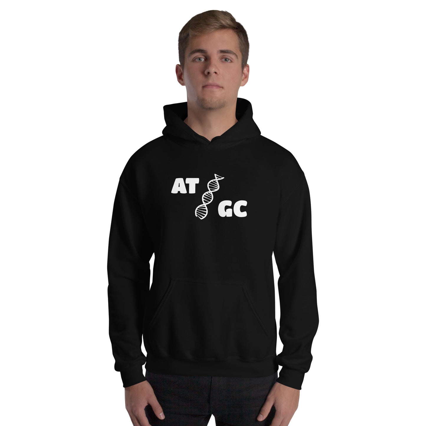 Men with black hoodie with image of a DNA string and the text "ATGC"