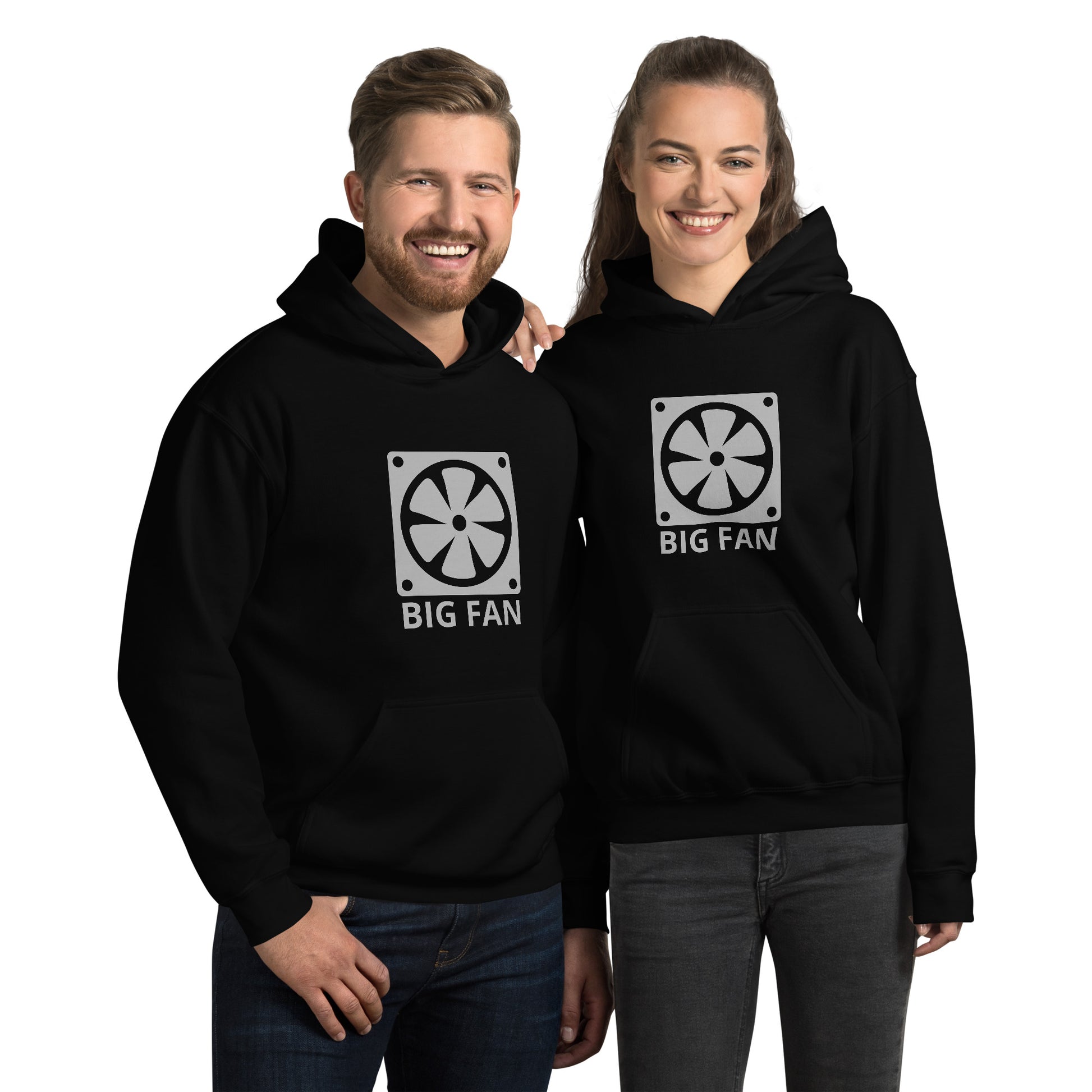 Man and women with black hoodie with image of a big computer fan and the text "BIG FAN"