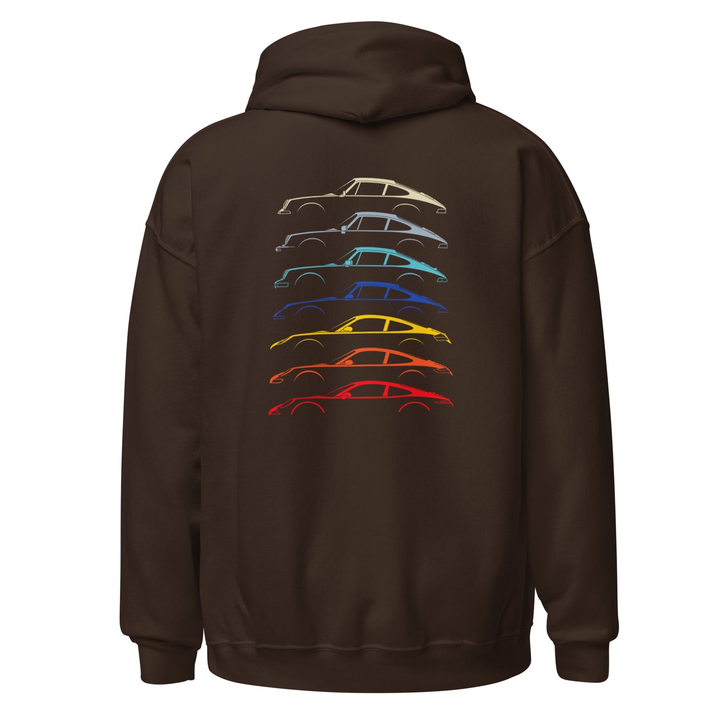 Dark chocolate hoodie with car silouttes on the back