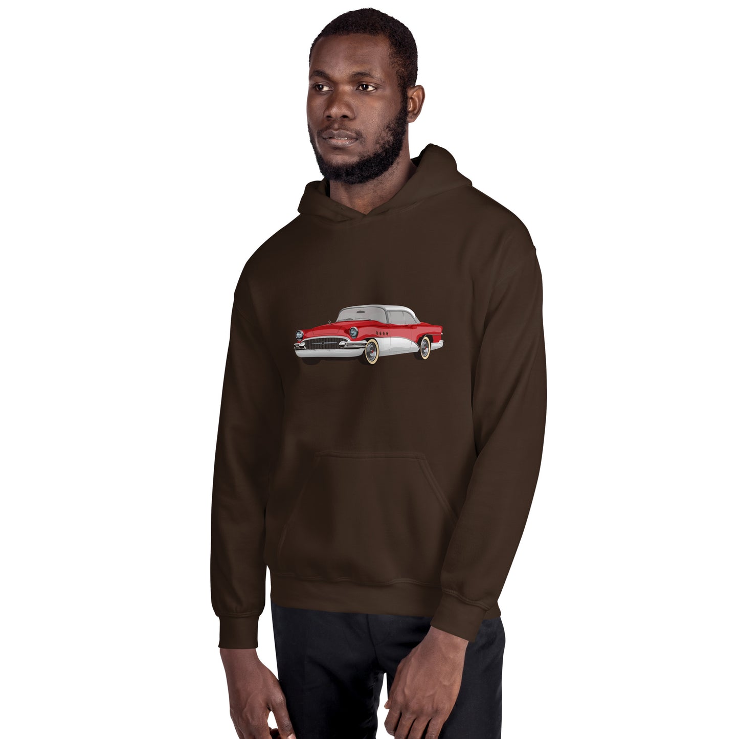Man with dark chocolate hoodie with red chevrolet