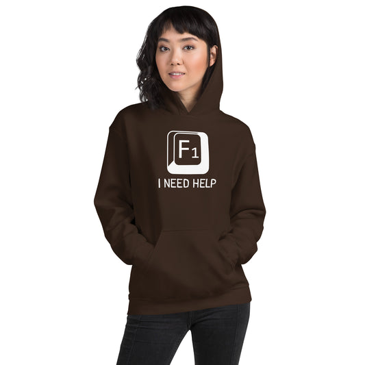Women with dark chocolate hoodie and a picture of F1 key with text "I need help"