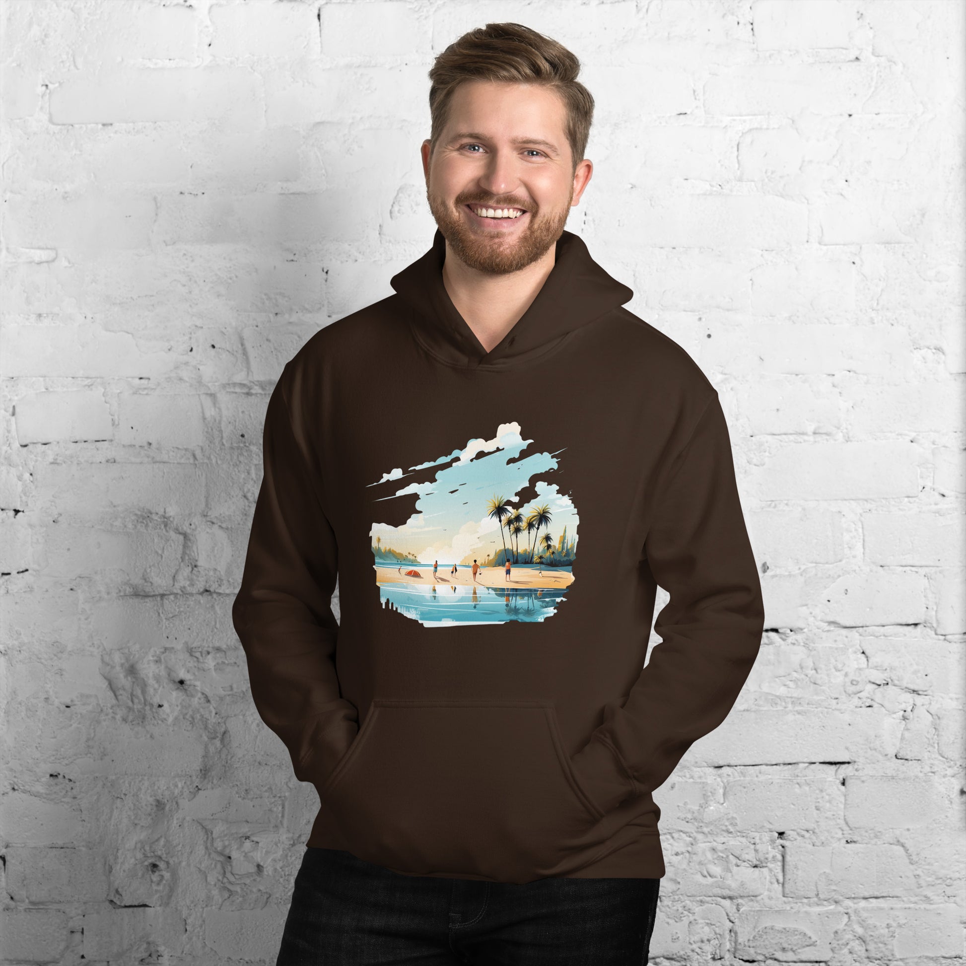 Men with dark chocolate hoodie and a picture of a island with sea and sand