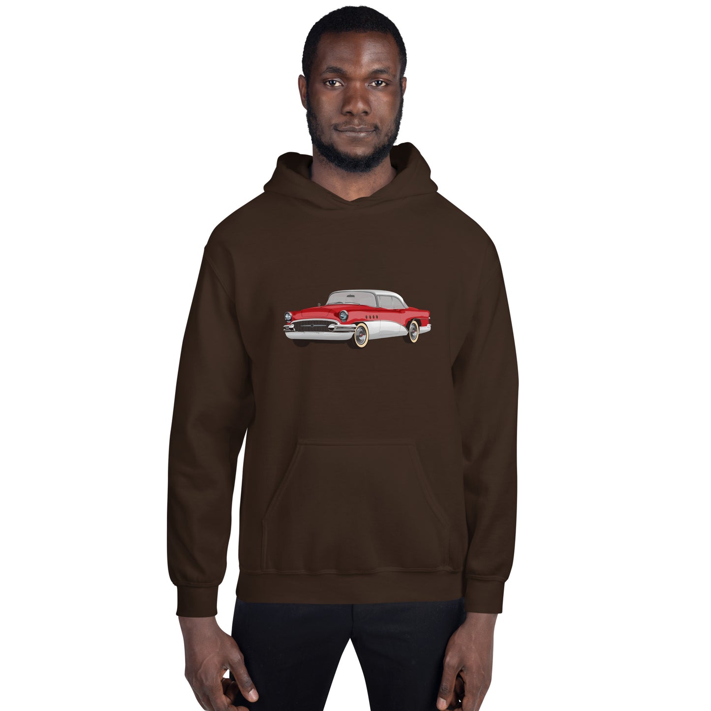 Man with dark chocolate hoodie with red chevrolet