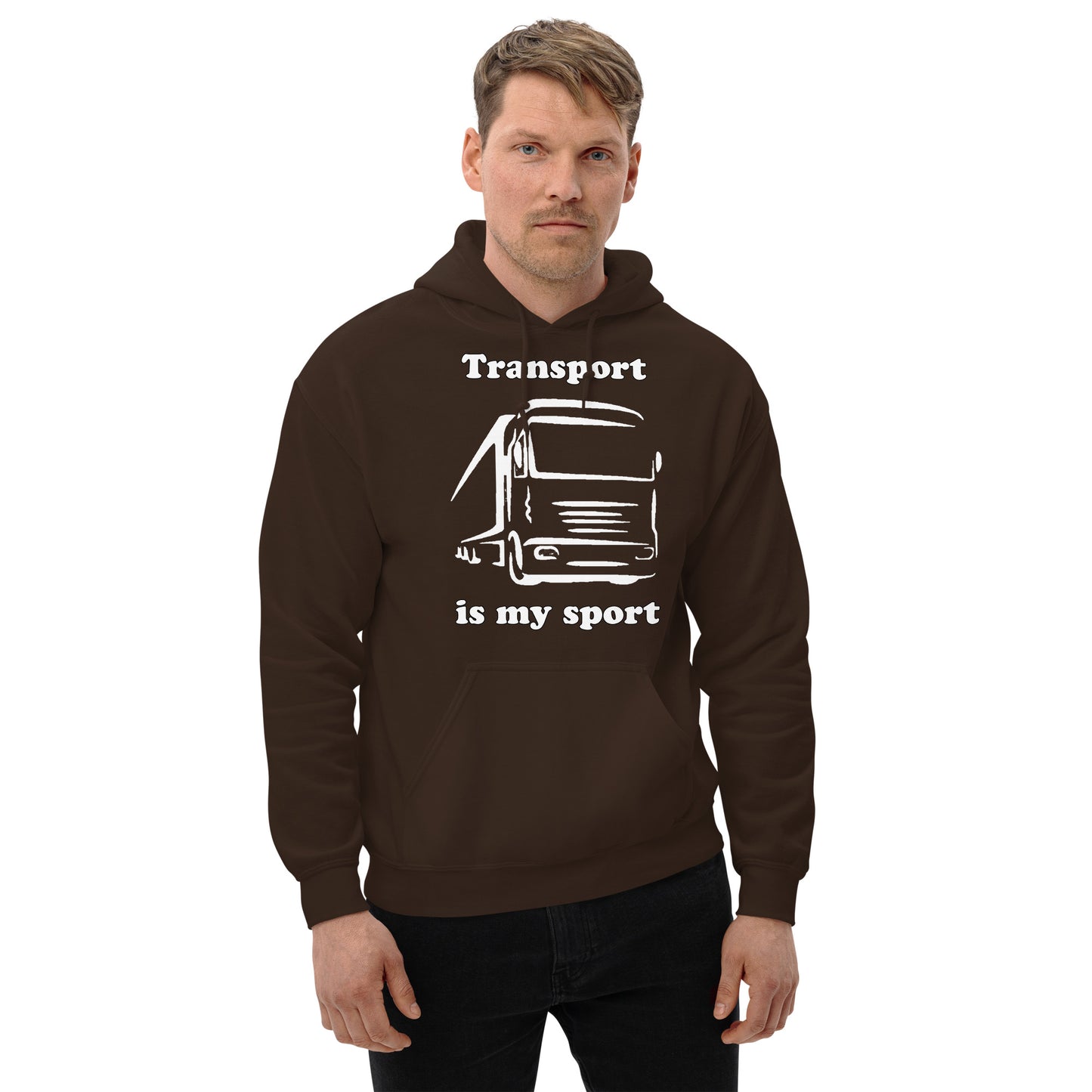 Man with brown hoodie with picture of truck and text "Transport is my sport"