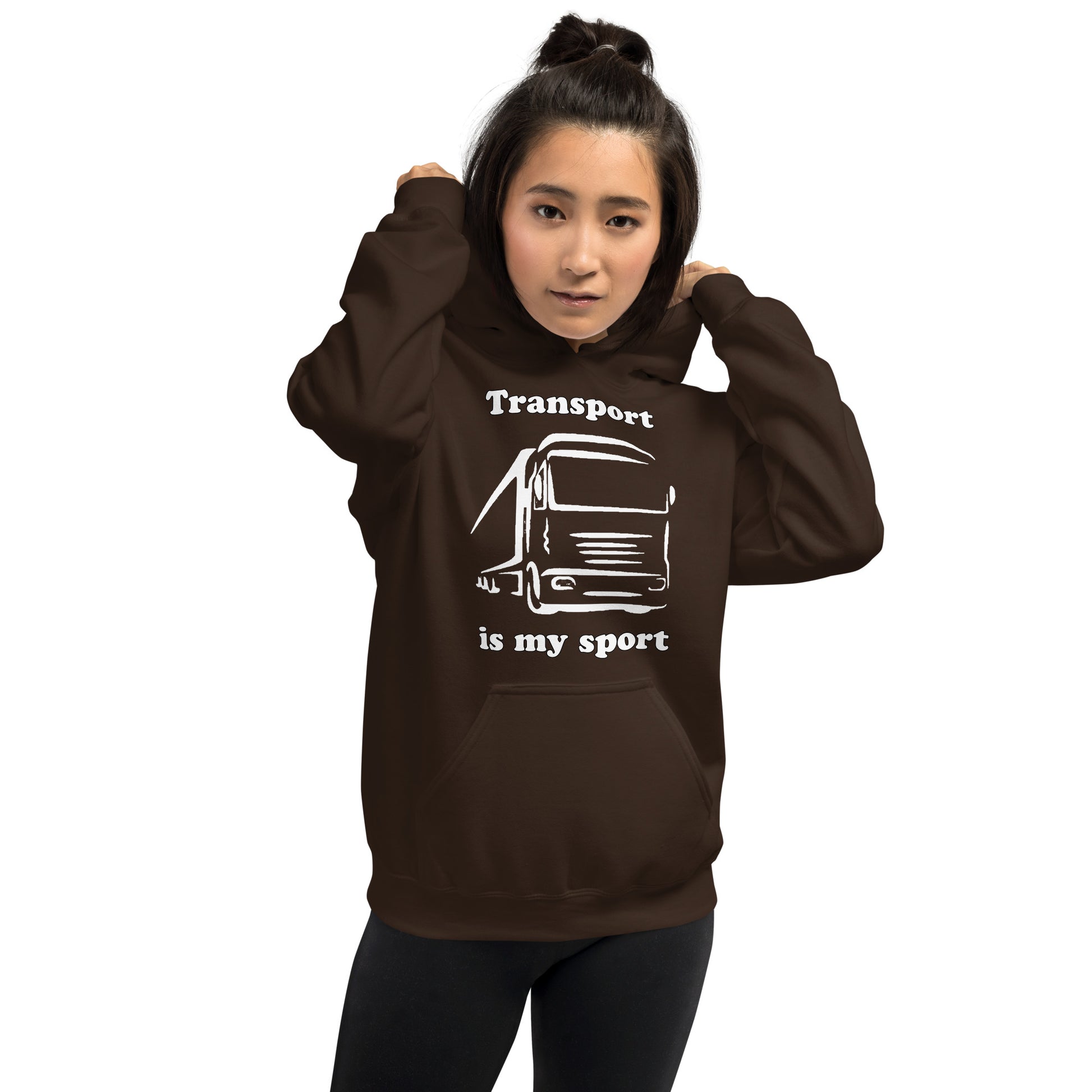 Woman with brown hoodie with picture of truck and text "Transport is my sport"