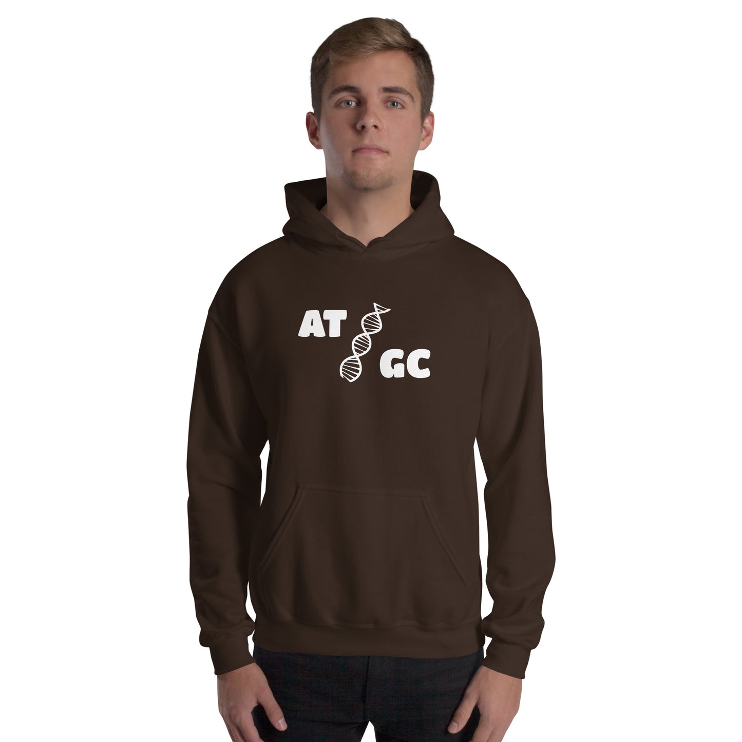 Men with dark brown hoodie with image of a DNA string and the text "ATGC"