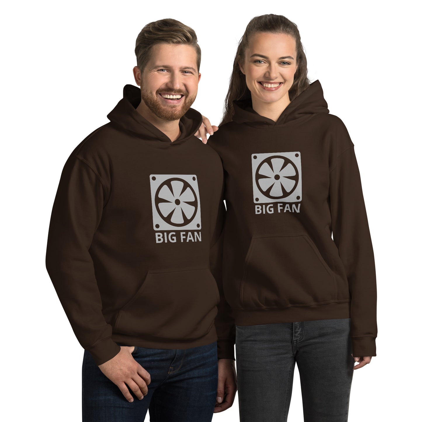 Man and women with dark brown hoodie with image of a big computer fan and the text "BIG FAN"