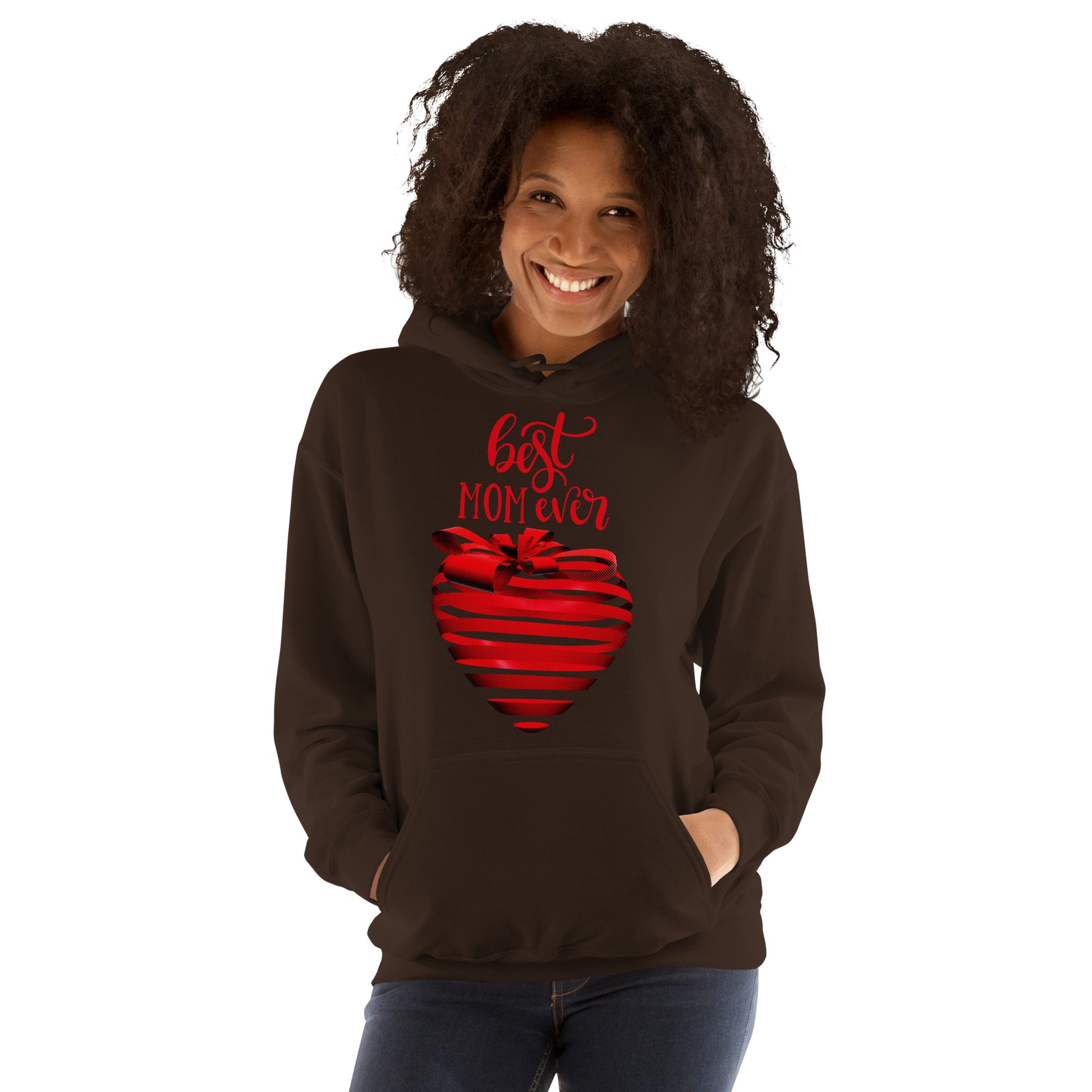 Women with dark chocolate hoodie with red text best MOM Ever and red heart