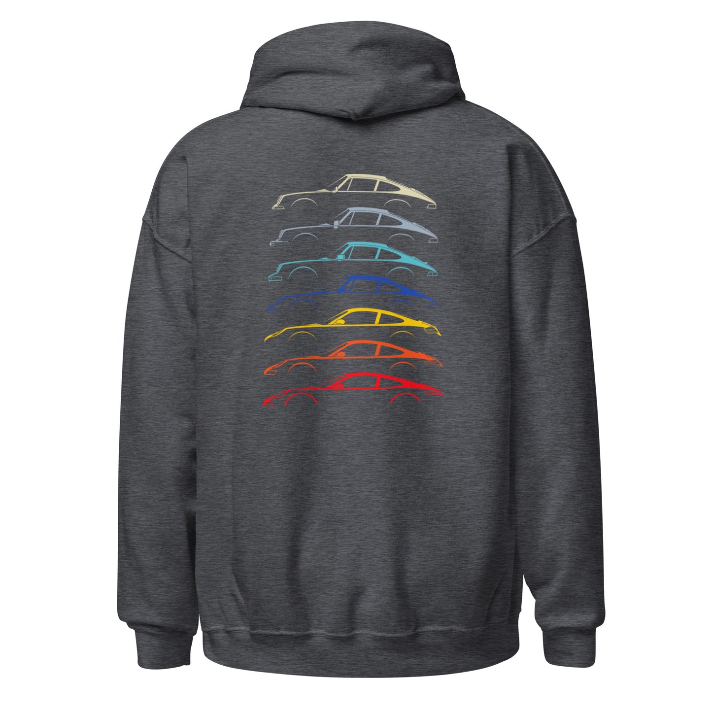 Dark heather grey hoodie with car silouttes on the back