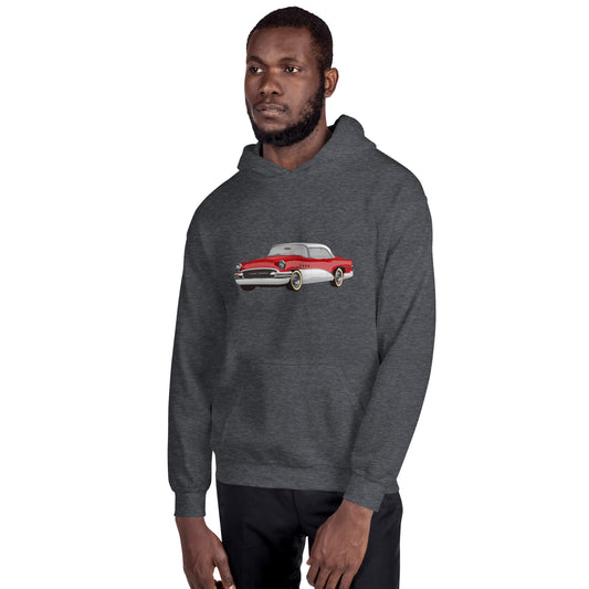 Man with dark heather hoodie with red chevrolet