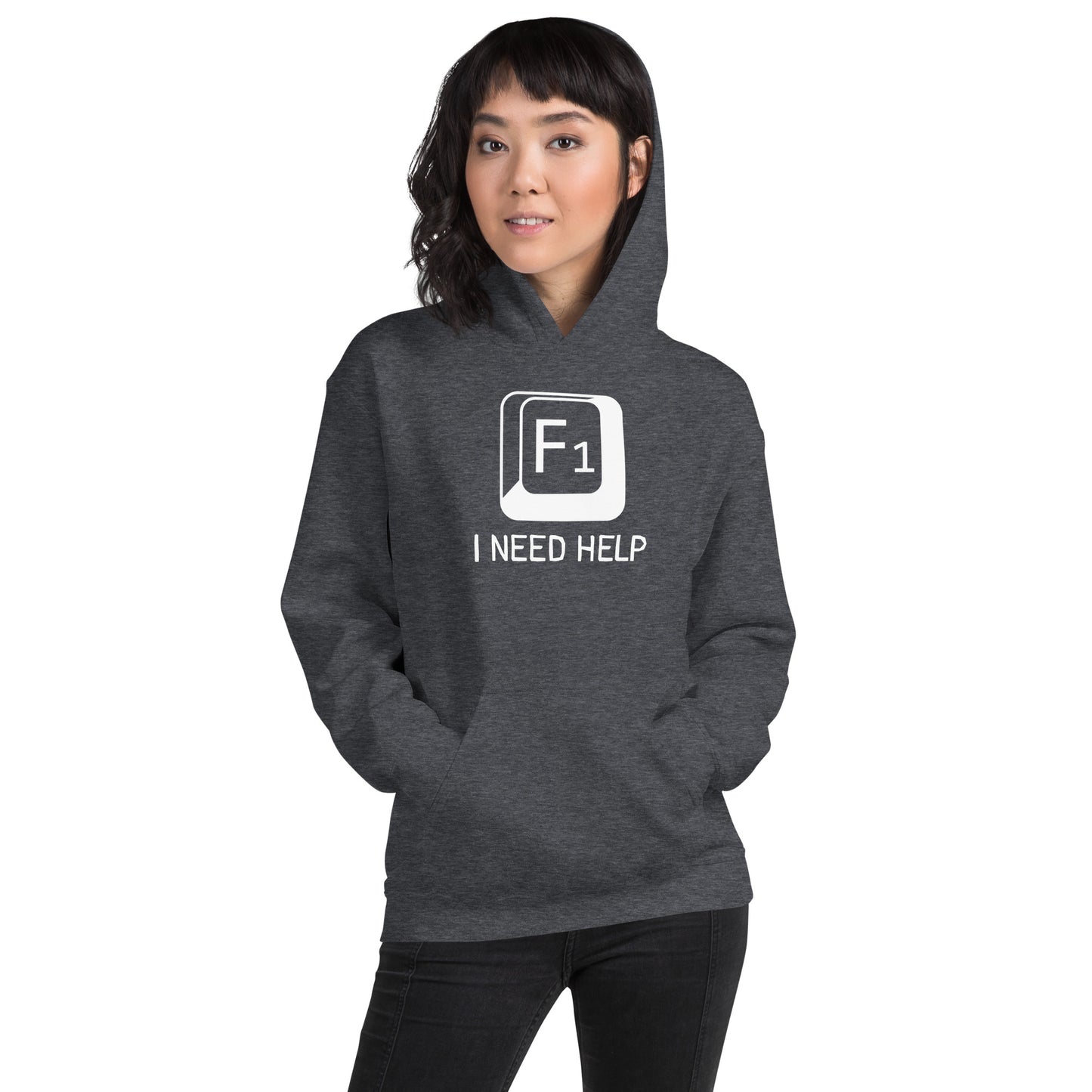 Women with dark heather hoodie and a picture of F1 key with text "I need help"