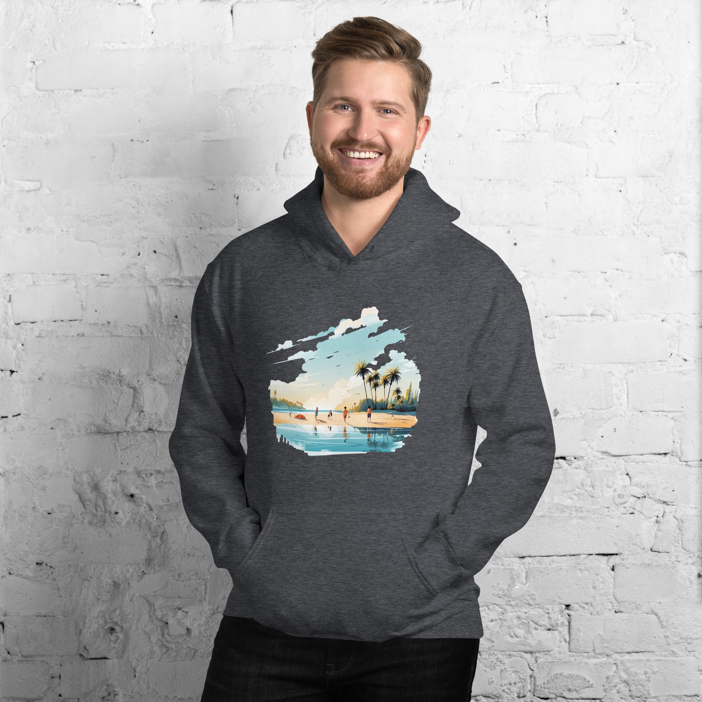 Men with dark heather hoodie and a picture of a island with sea and sand