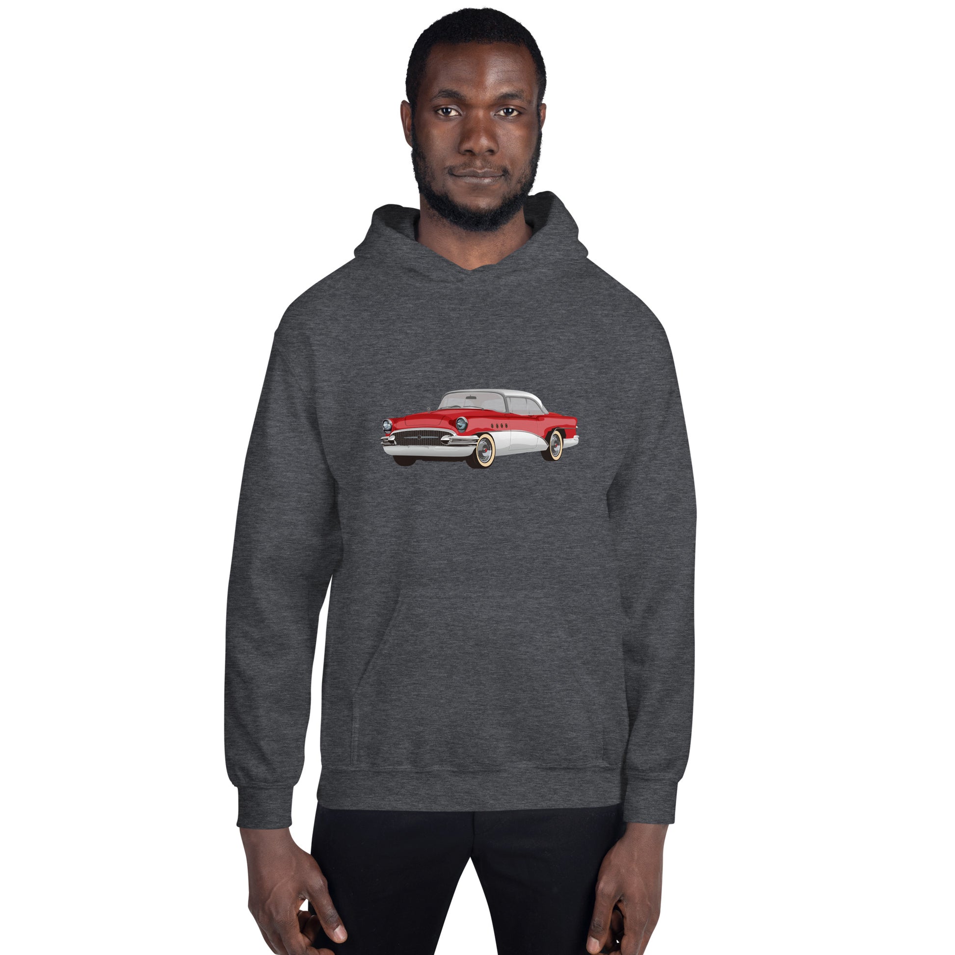 Man with dark heather hoodie with red chevrolet
