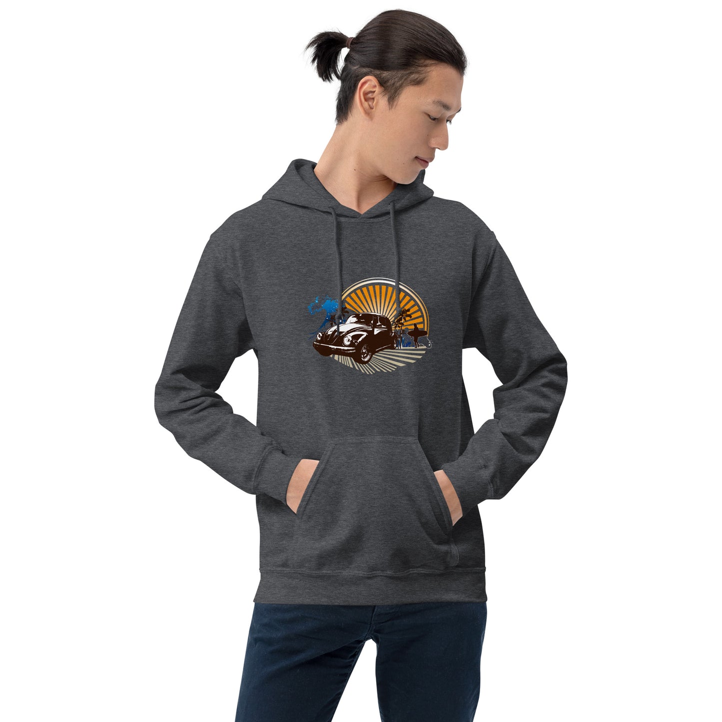 Men with dark grey hoodie with sunset and beetle car