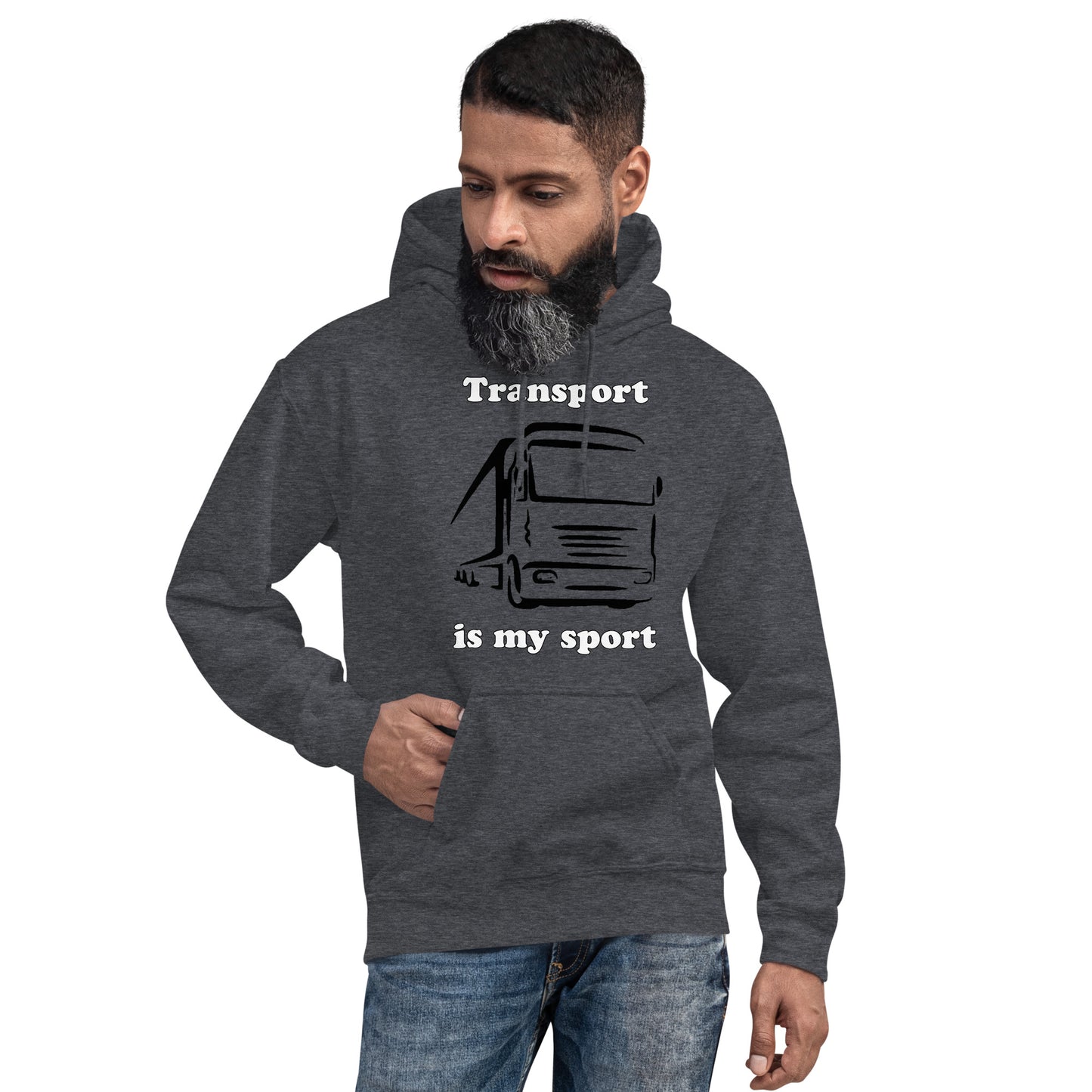 Man with dark grey hoodie with picture of truck and text "Transport is my sport"
