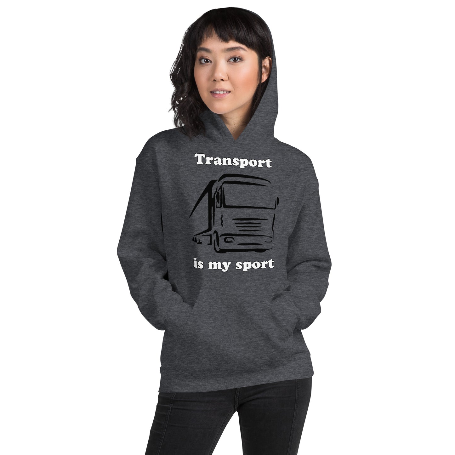Woman with dark grey hoodie with picture of truck and text "Transport is my sport"