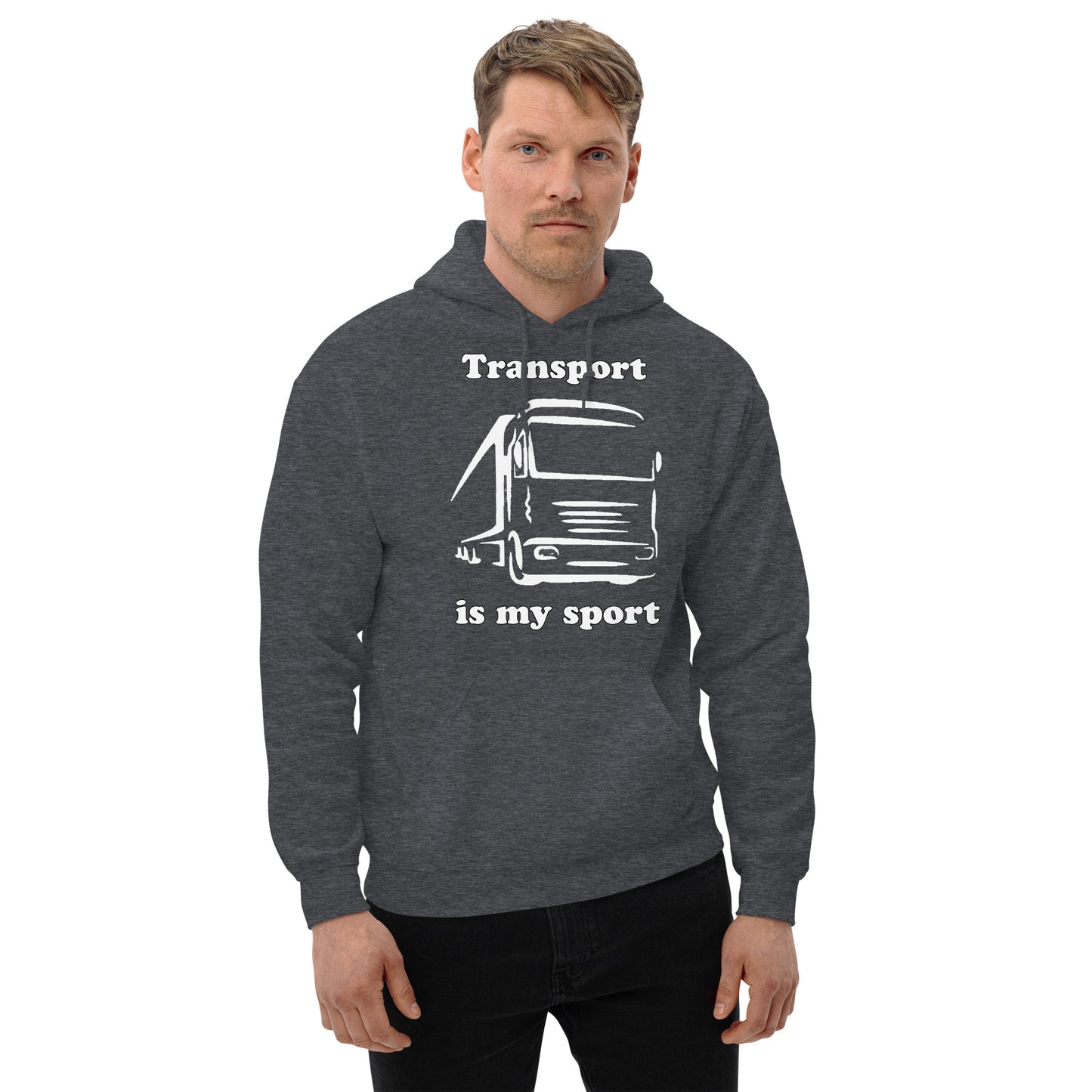 Man with grey hoodie with picture of truck and text "Transport is my sport"