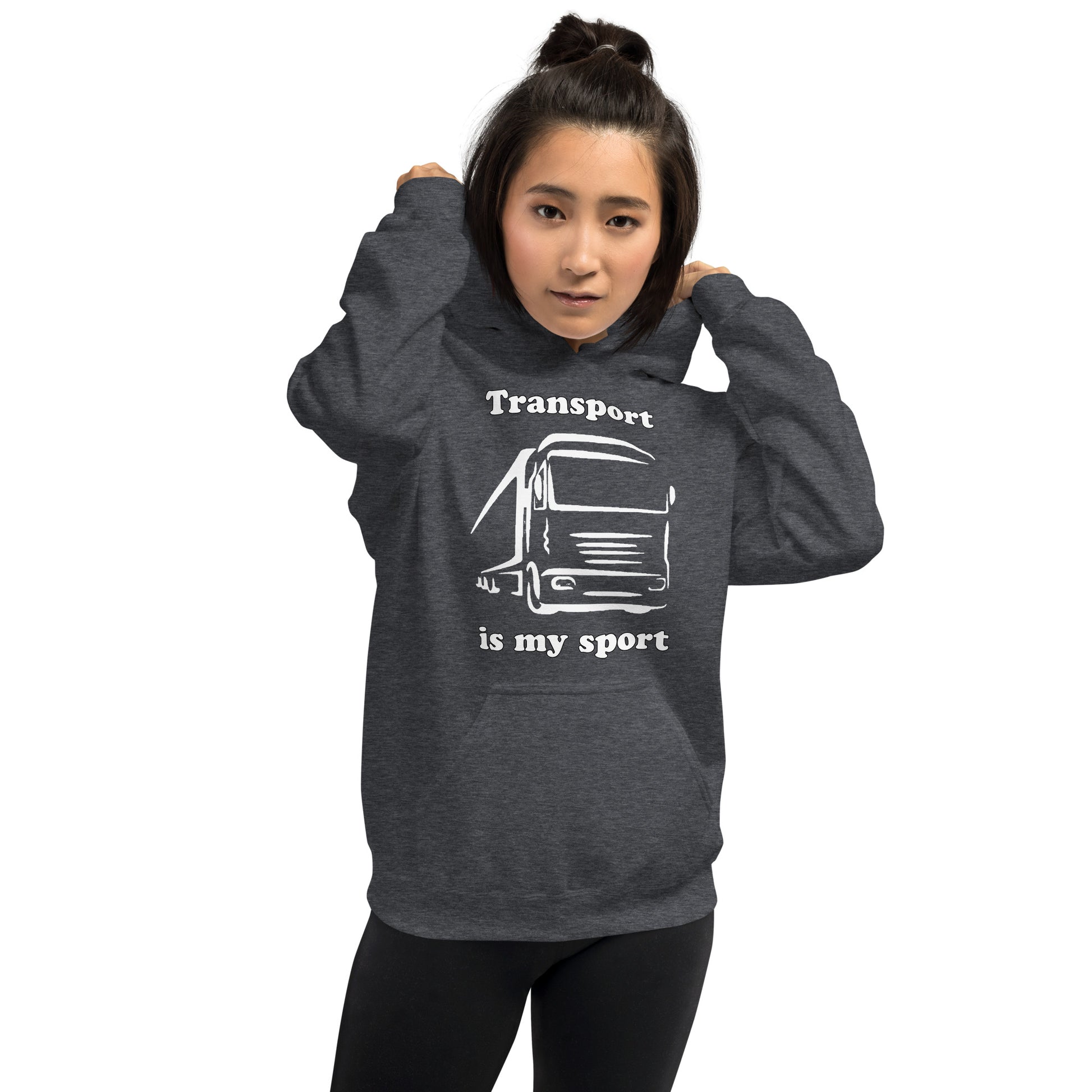 Woman with grey hoodie with picture of truck and text "Transport is my sport"
