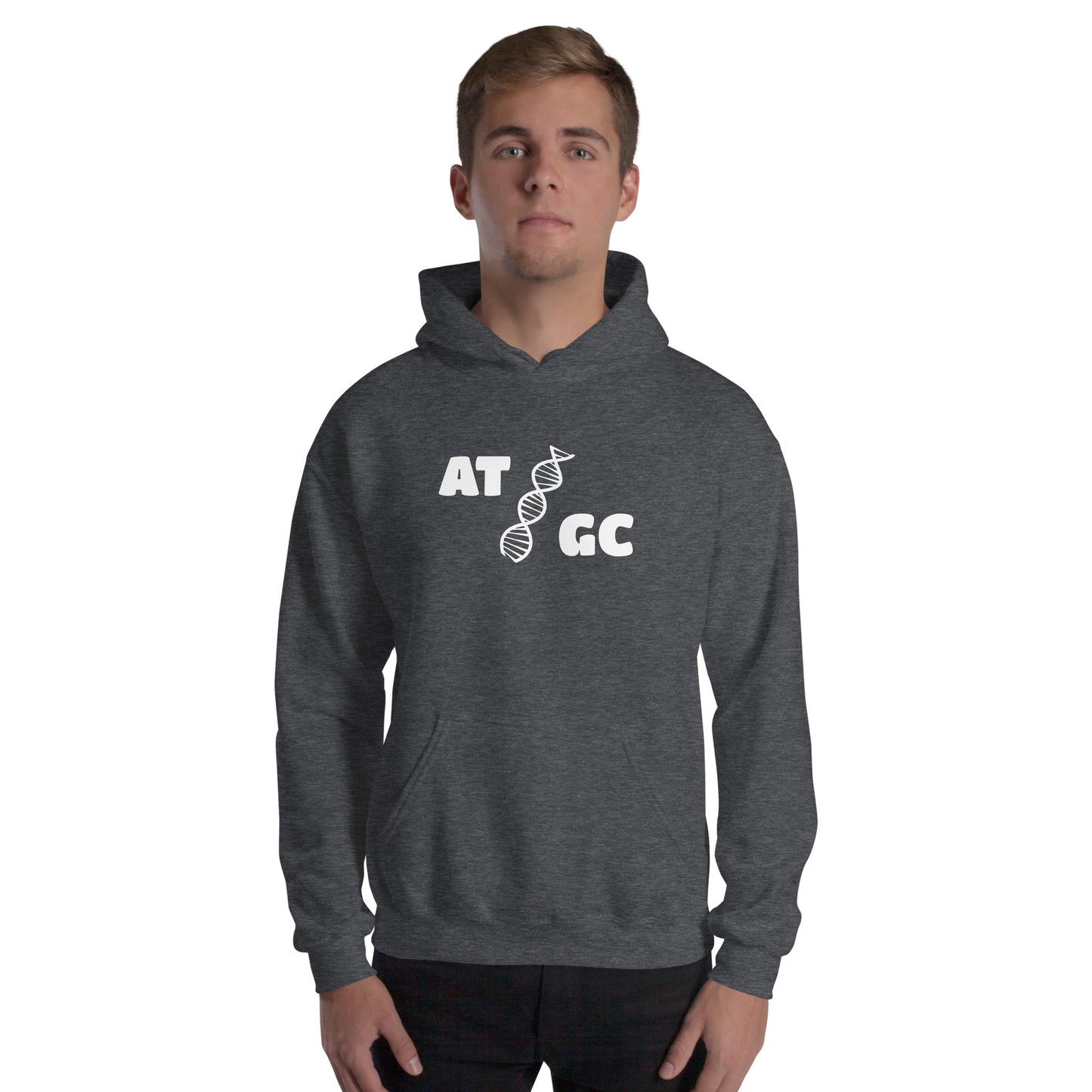 Men with dark grey hoodie with image of a DNA string and the text "ATGC"