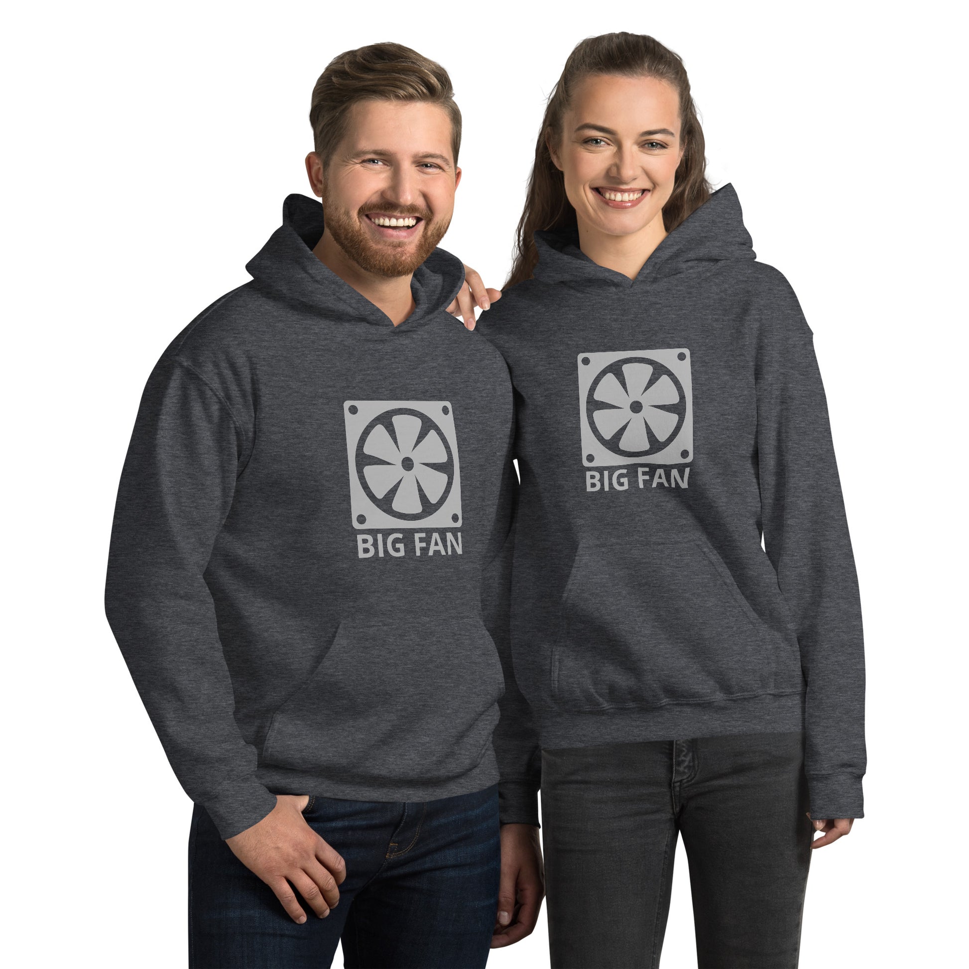 Man and women with dark grey hoodie with image of a big computer fan and the text "BIG FAN"