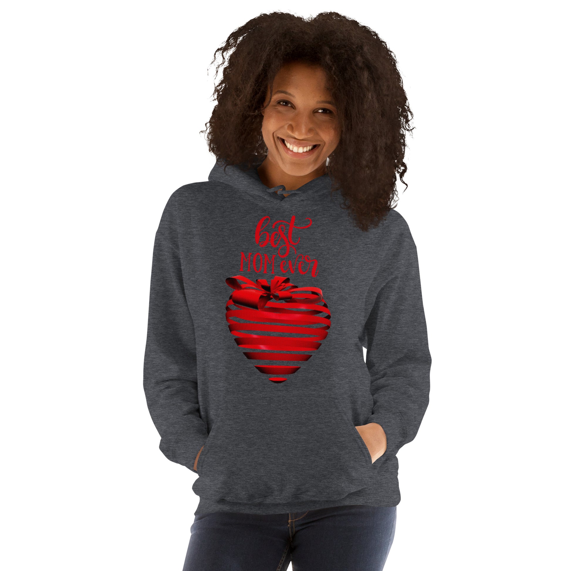 Women with dark grey hoodie with red text best MOM Ever and red heart