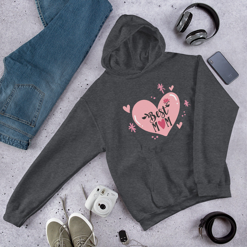 grey hoodie with hart and text best MOM