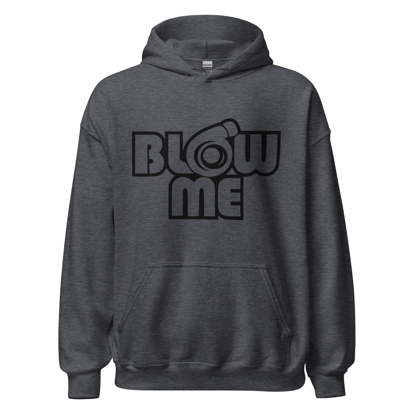 Dark heather grey hoodie for men and women with the text Blow me, turbo compressor