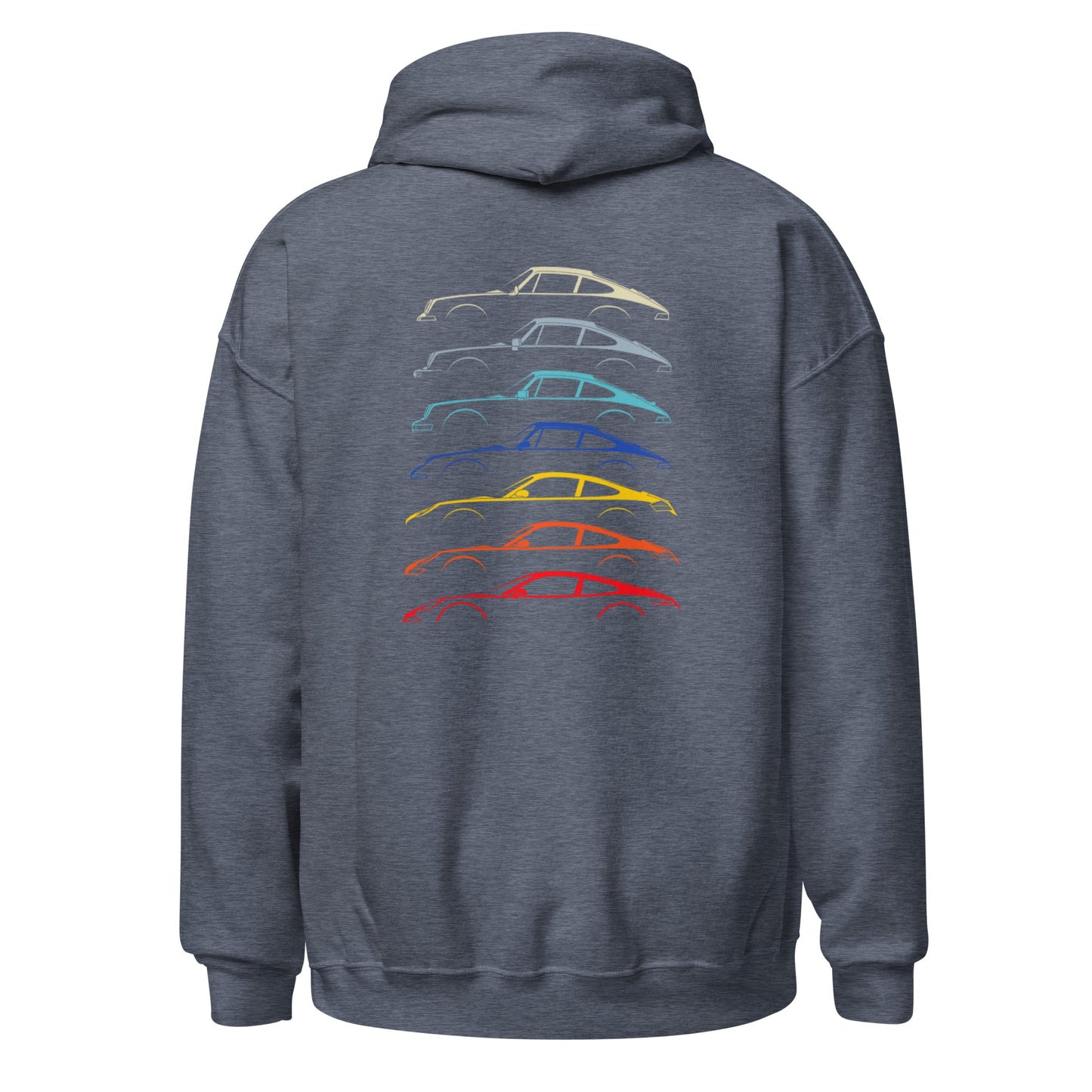 Heather sport dark navy hoodie with car silouttes on the back