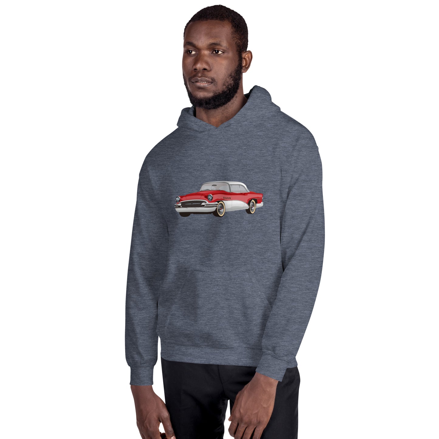 Men with dark navy blue hoodie with red Chevrolet 