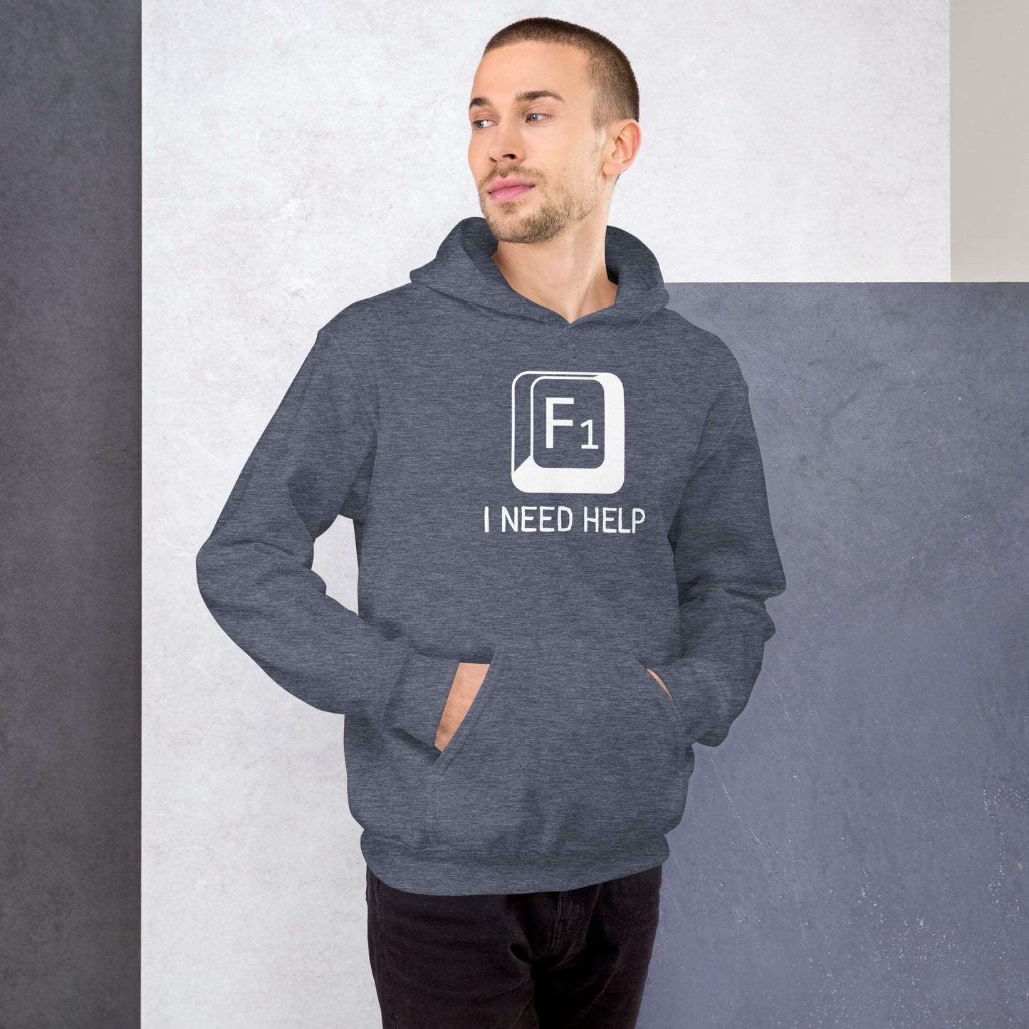 Men with dark navy hoodie and a picture of F1 key with text "I need help"