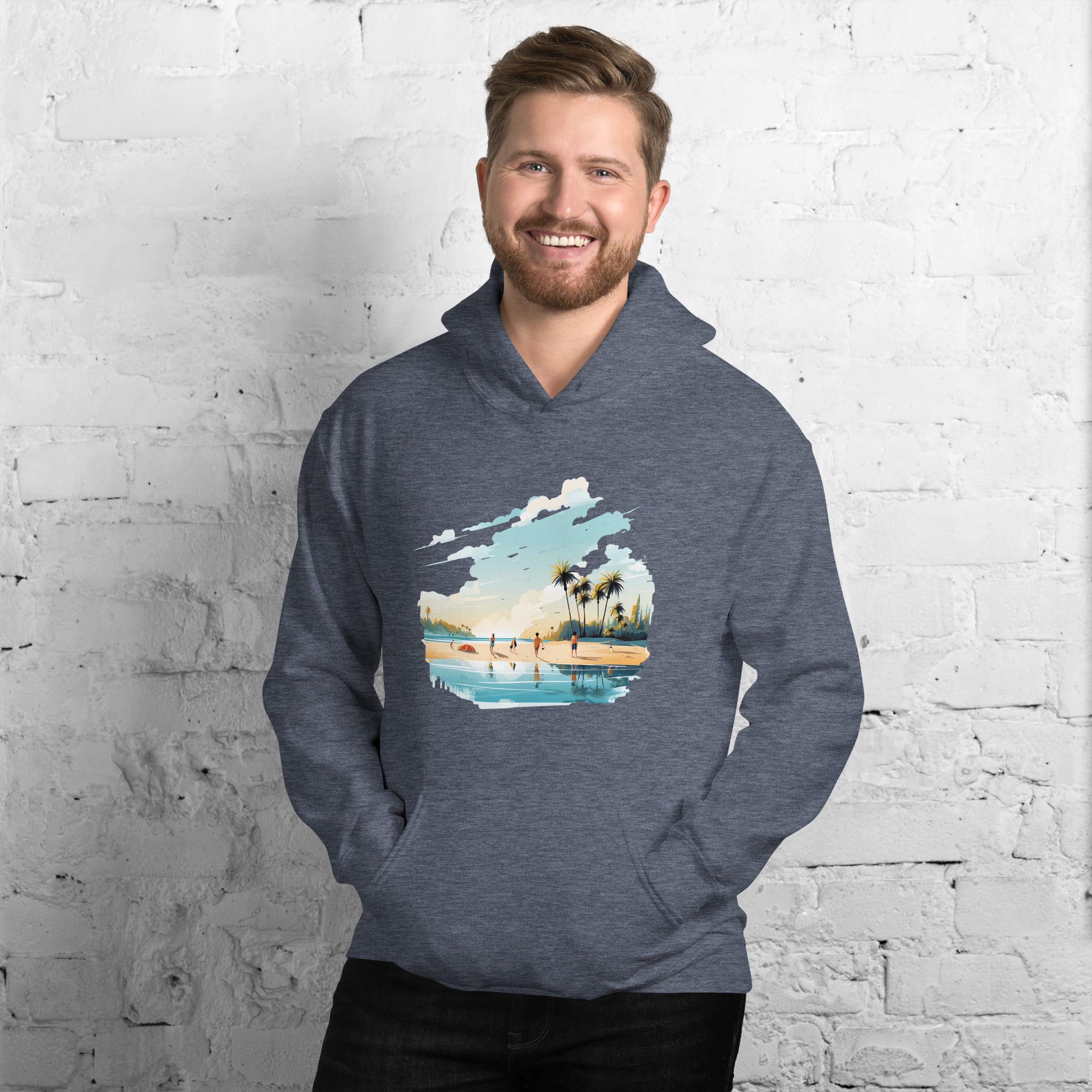 Men with dark navy hoodie and a picture of a island with sea and sand