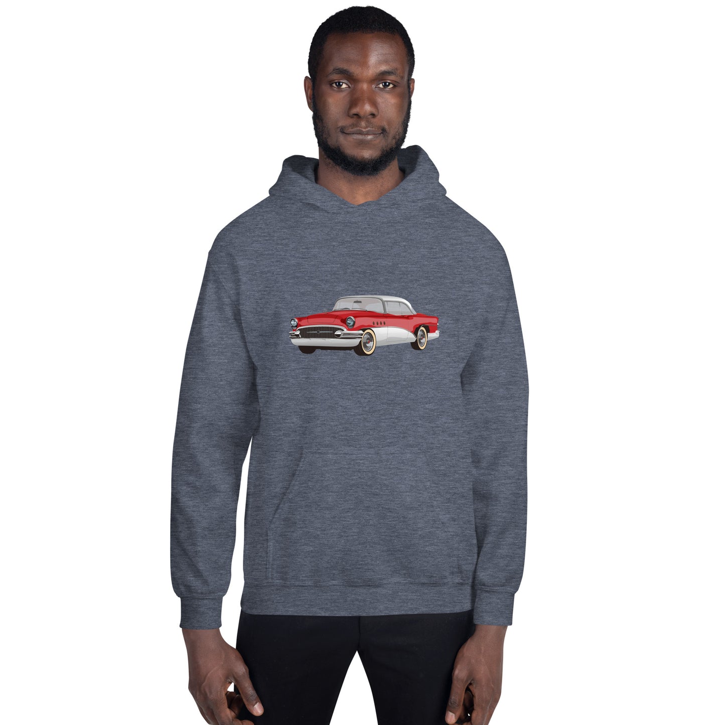 Men with dark navy blue hoodie with red Chevrolet
