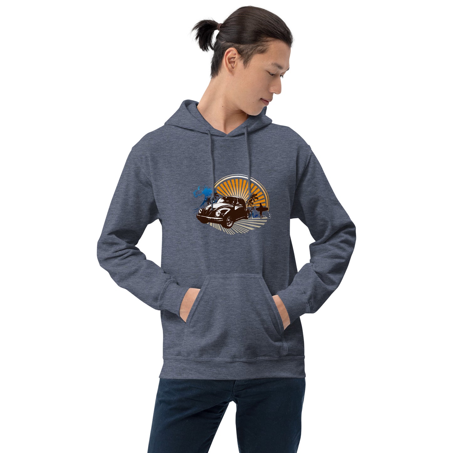 Men with dark navy blue hoodie with sunset and beetle car