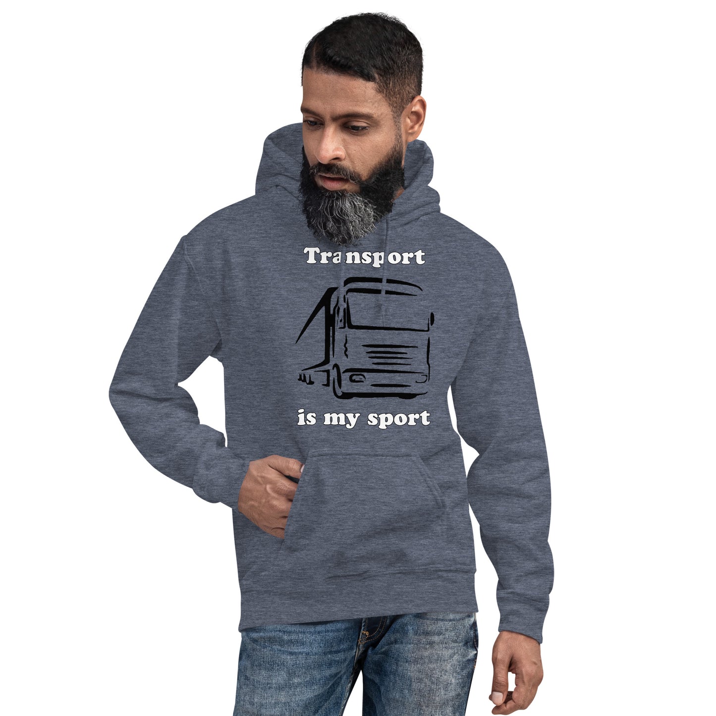 Man with dark navy blue hoodie with picture of truck and text "Transport is my sport"