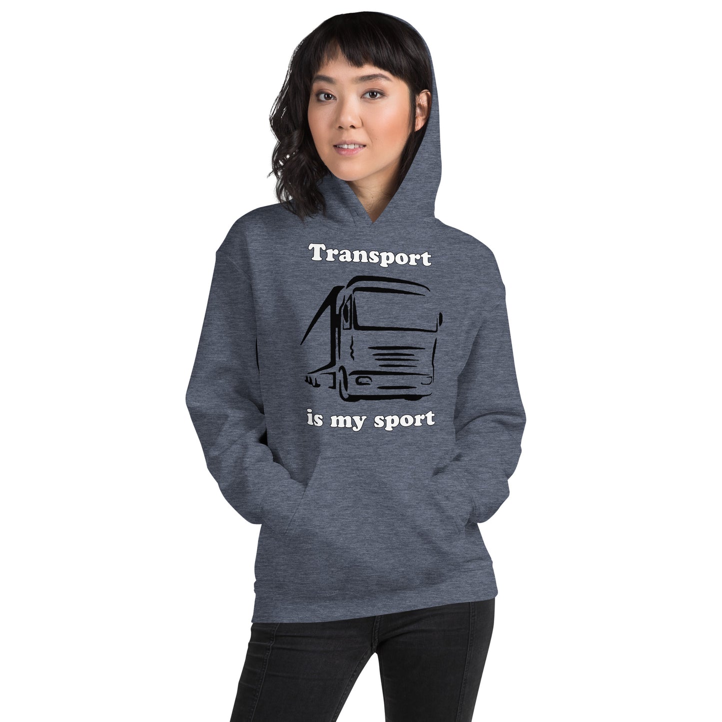 Woman with dark navy blue hoodie with picture of truck and text "Transport is my sport"