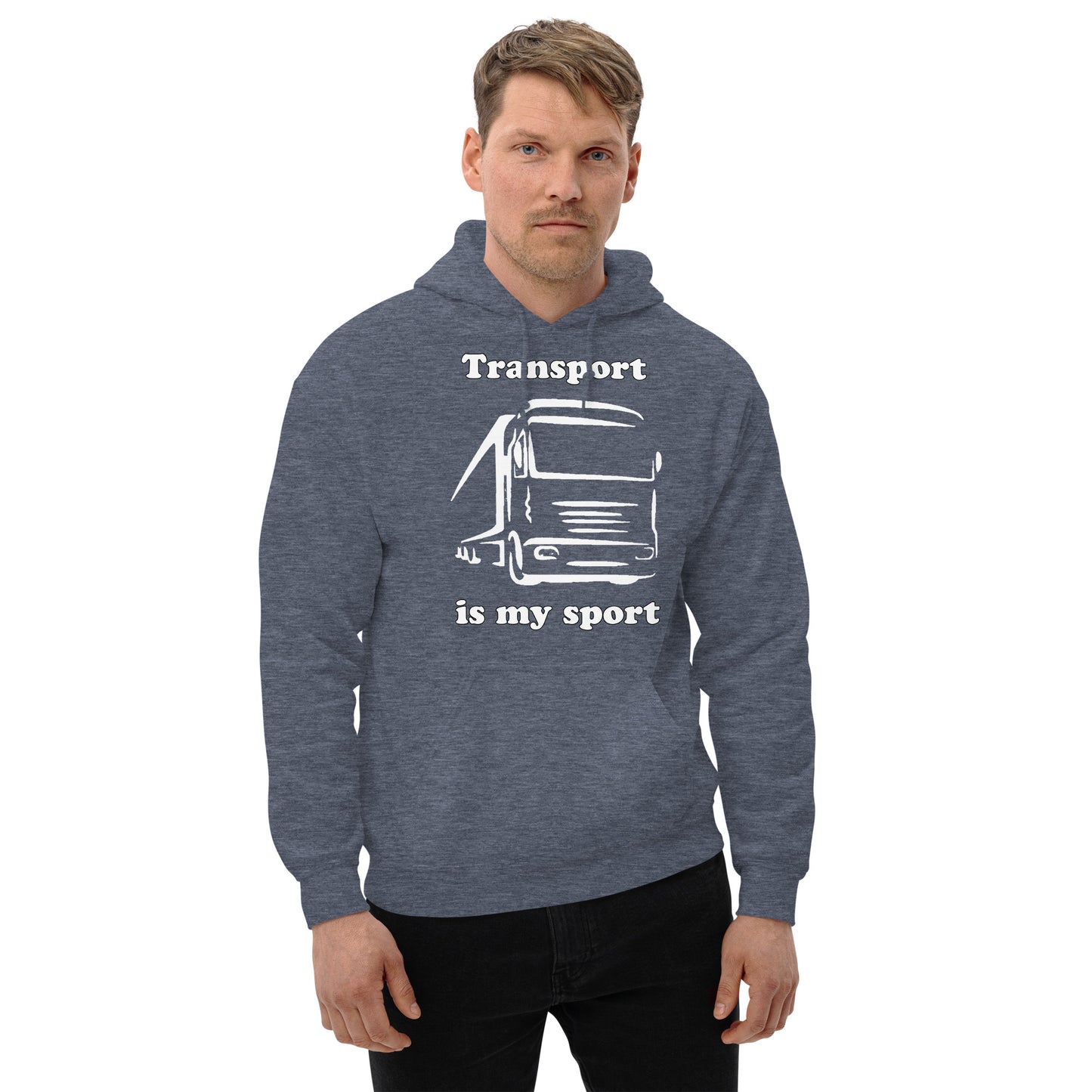 Man with dark navy blue hoodie with picture of truck and text "Transport is my sport"