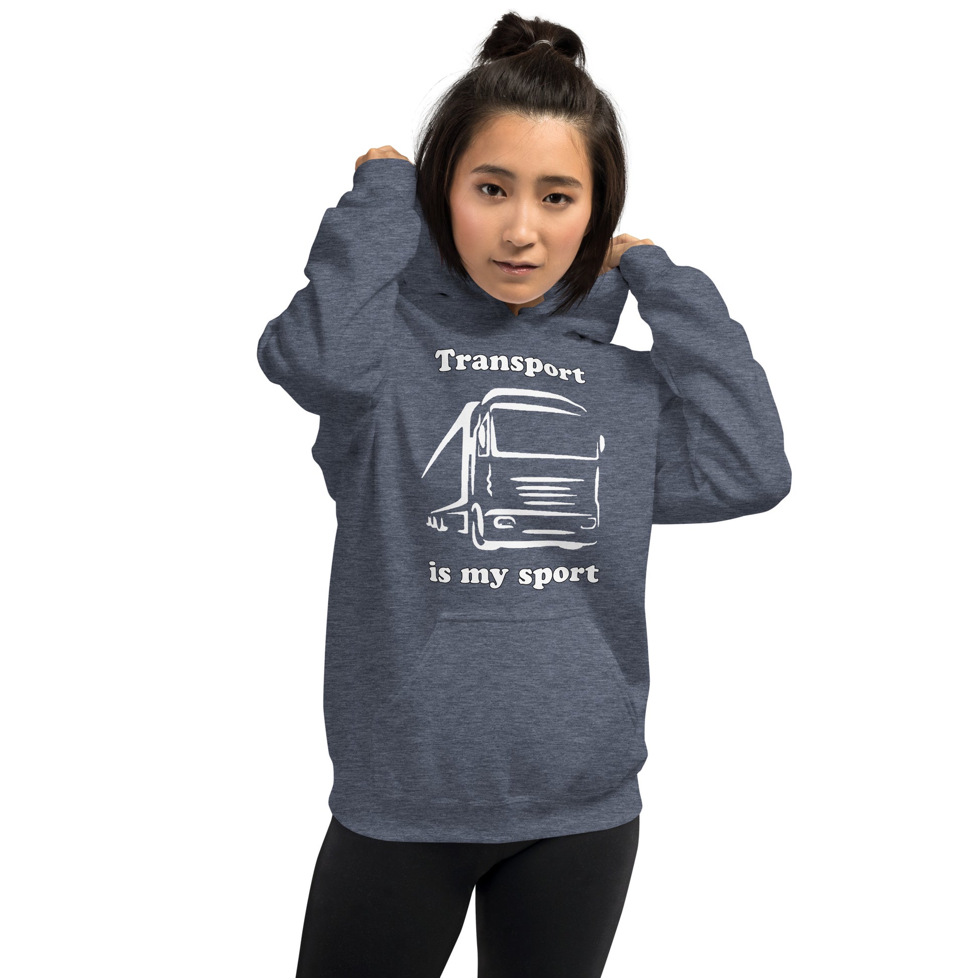 Woman with dark navy blue hoodie with picture of truck and text "Transport is my sport"