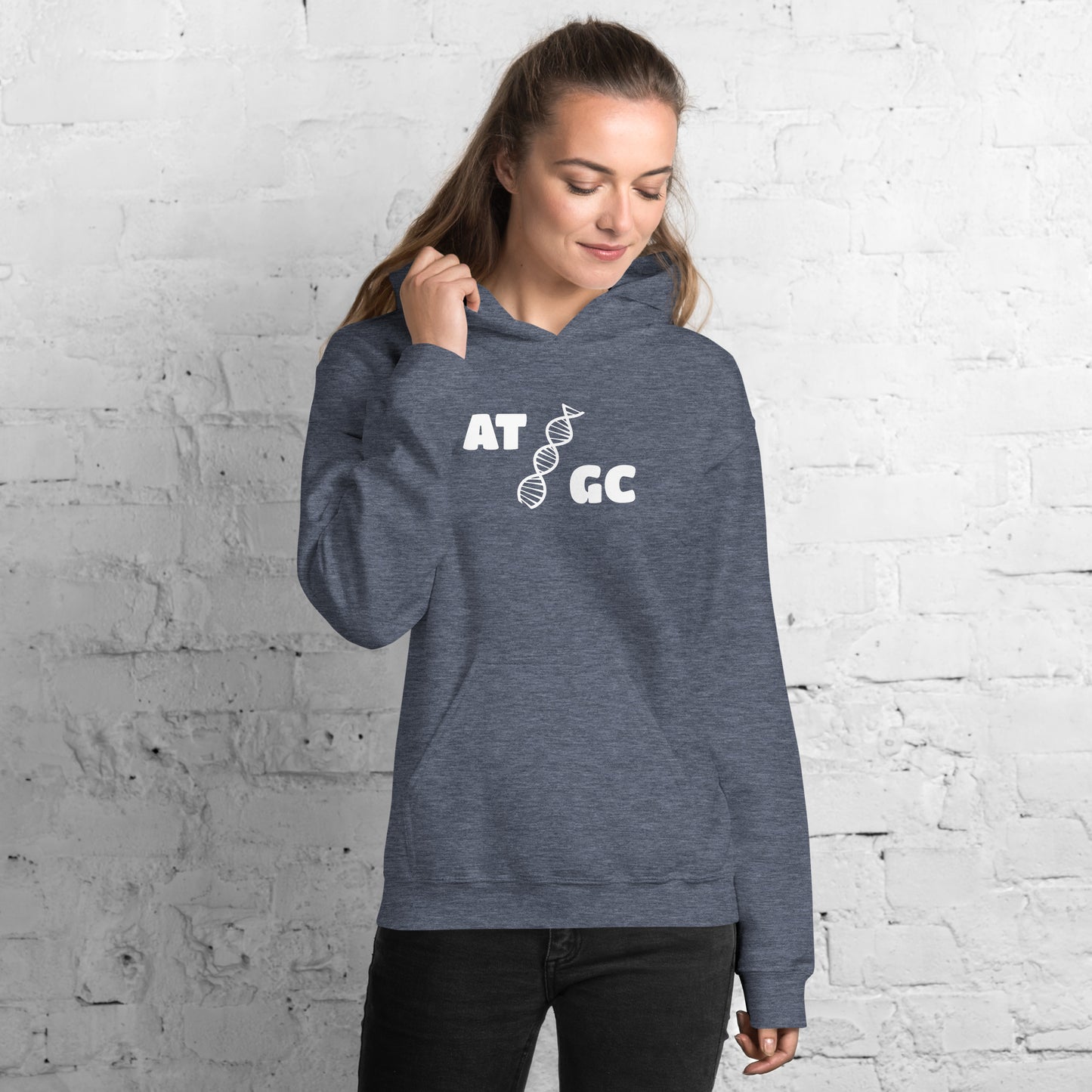 Women with dark navy blue hoodie with image of a DNA string and the text "ATGC"