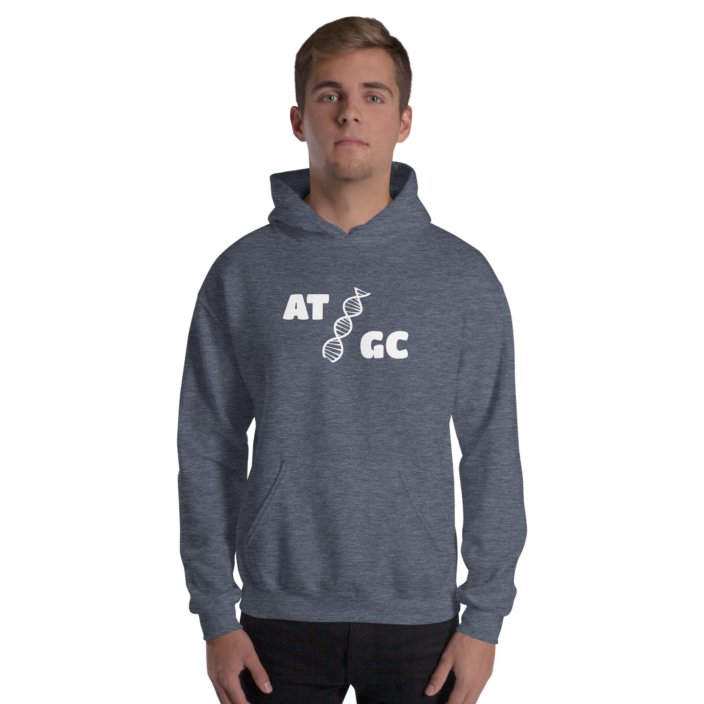 Men with dark navy blue hoodie with image of a DNA string and the text "ATGC"