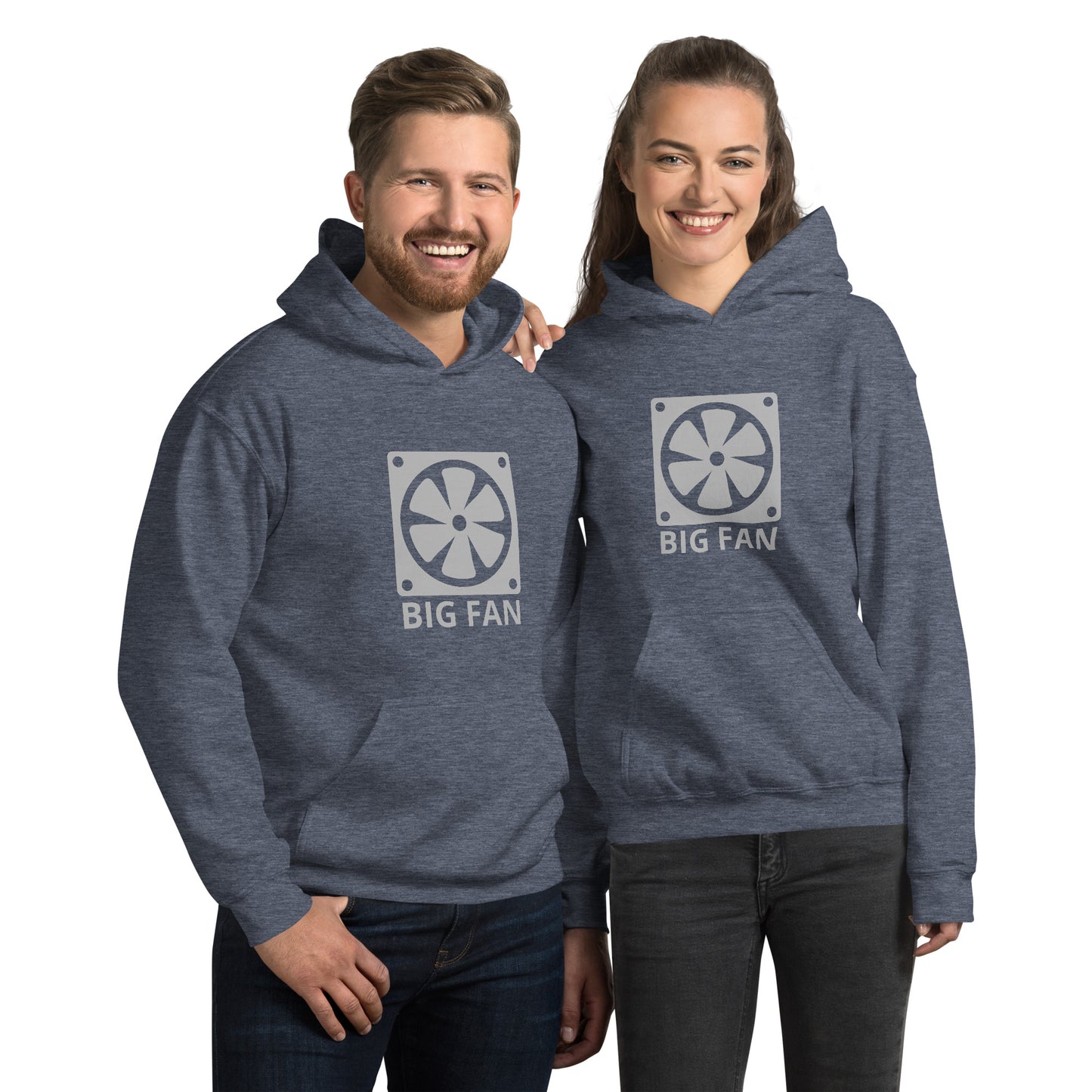 Man and women with dark navy blue hoodie with image of a big computer fan and the text "BIG FAN"